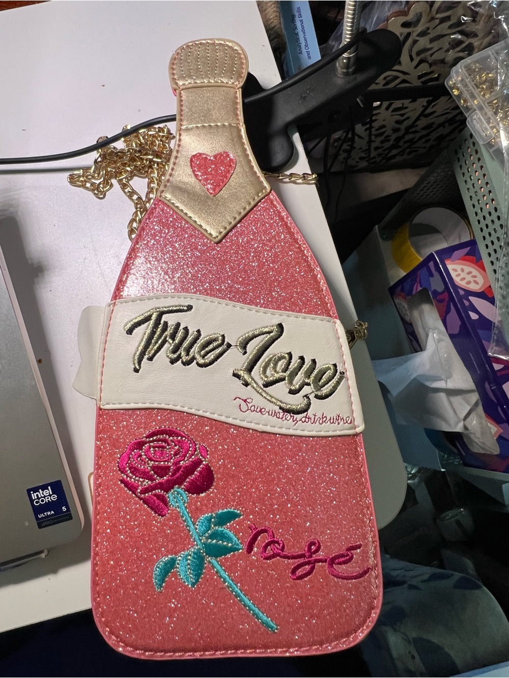 True Love Pink Glitter Rose Crossbody Bag